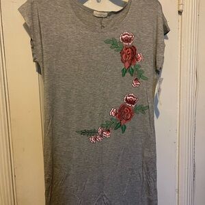 Gray Tee Dress with Red Rose Embroidery